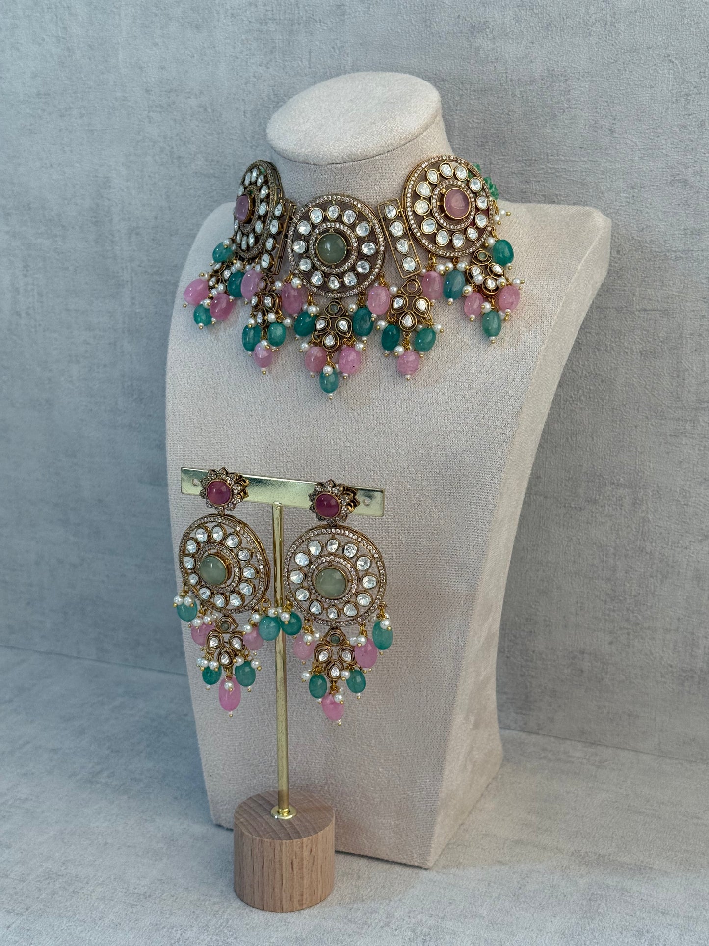 Ayura Designs Harper Set – Antique Gold Choker & Earrings with Mint Green & Blush Pink Beads, Kundan Stones & Pearl Detailing