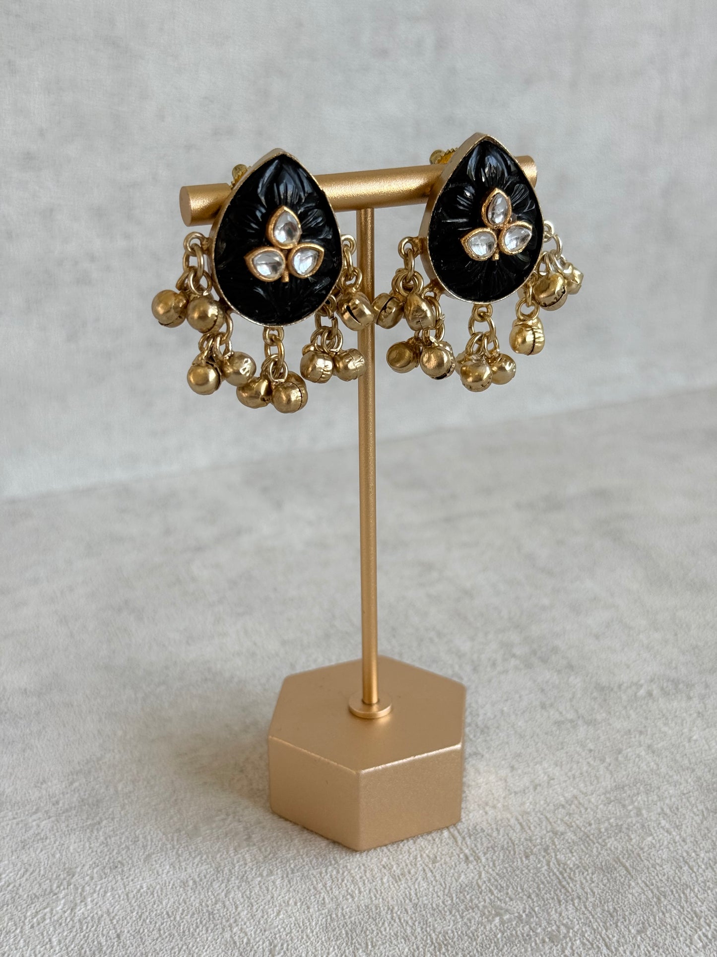 Ayura Designs Aykai Earrings – Black Carved Teardrop Stud Earrings with Clear Kundan Stones & Gold Ghungroo Drops