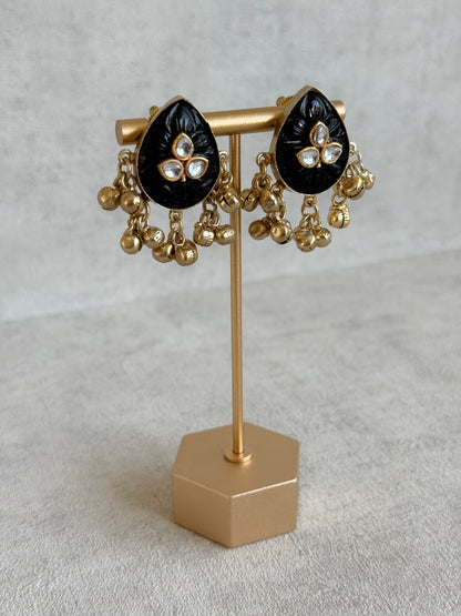 Ayura Designs Aykai Earrings – Black Carved Teardrop Stud Earrings with Clear Kundan Stones & Gold Ghungroo Drops