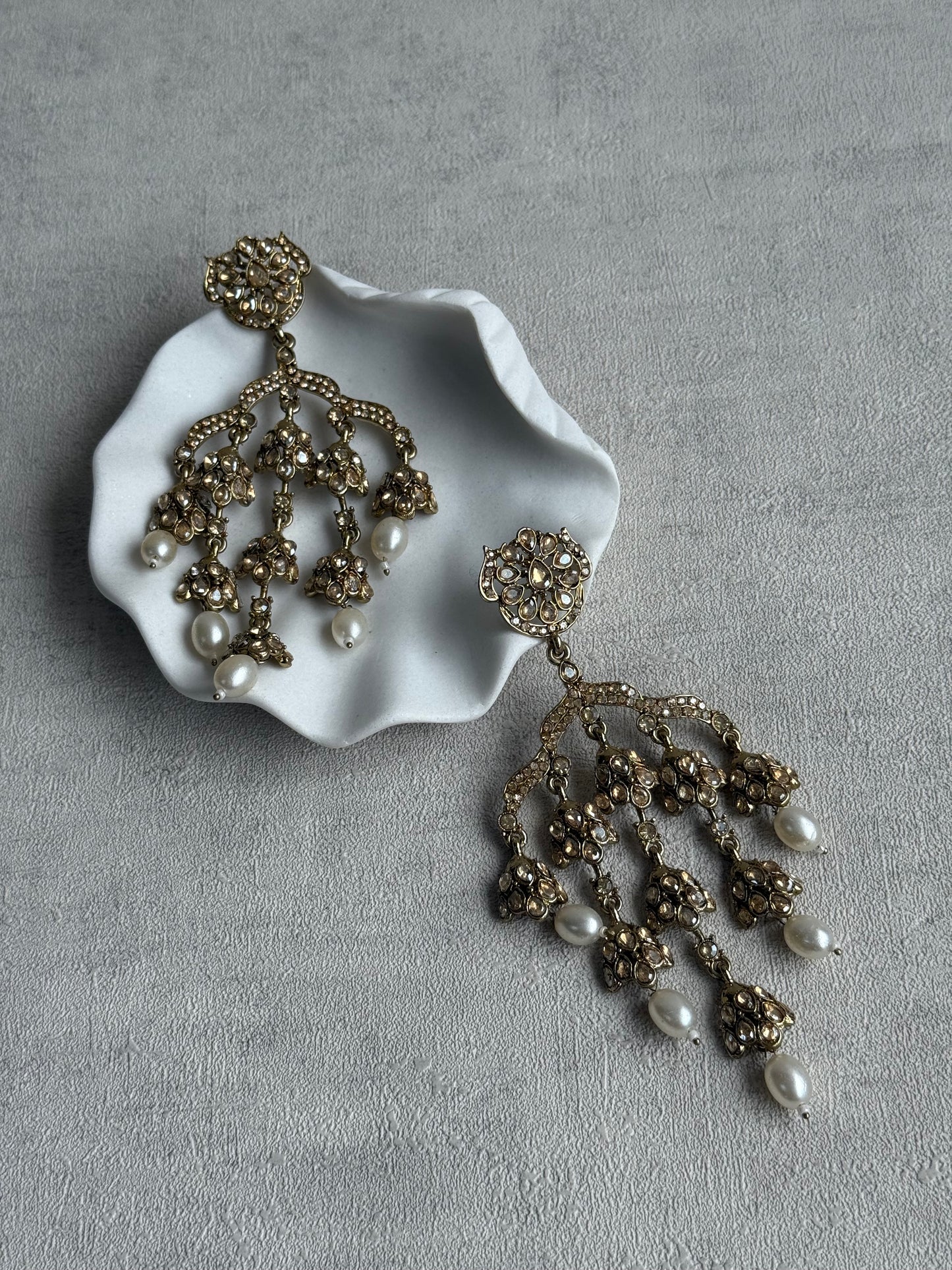 Ayura Designs Jasmine Earrings – Chandelier Earrings with Ivory Pearl Drops & Antique Gold Detailing