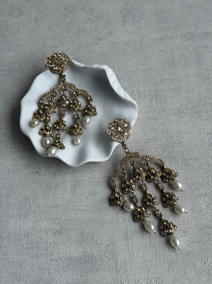 Ayura Designs Jasmine Earrings – Chandelier Earrings with Ivory Pearl Drops & Antique Gold Detailing