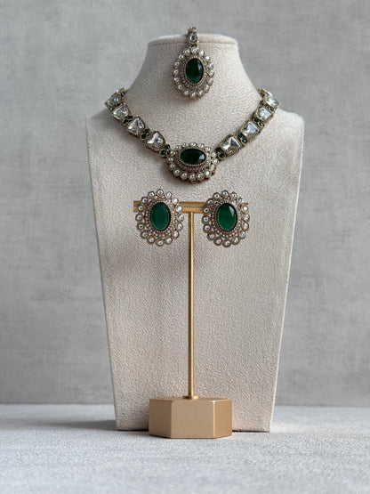 Ayura Designs Inza Necklace Set – Emerald Green Stones, Kundan & Crystals with Antique Gold Finish