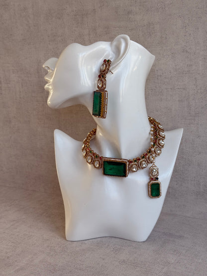 Ayura Designs Clara Set with Earrings & Tikka Emerald Green Moissanite Stones and Antique Gold Finish