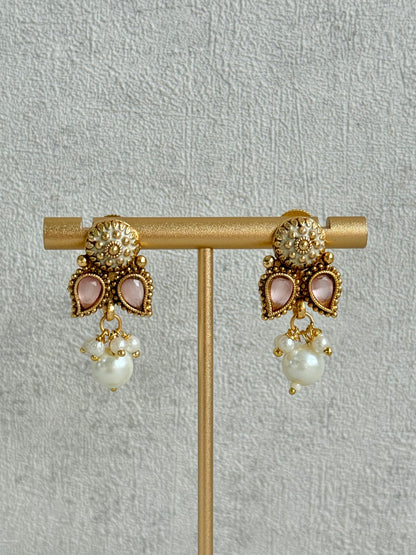 Ayura Designs Mayura Necklace Set with Earrings – Antique Gold Meenakari Motifs with Pearl Drop & Blush Pink Stones