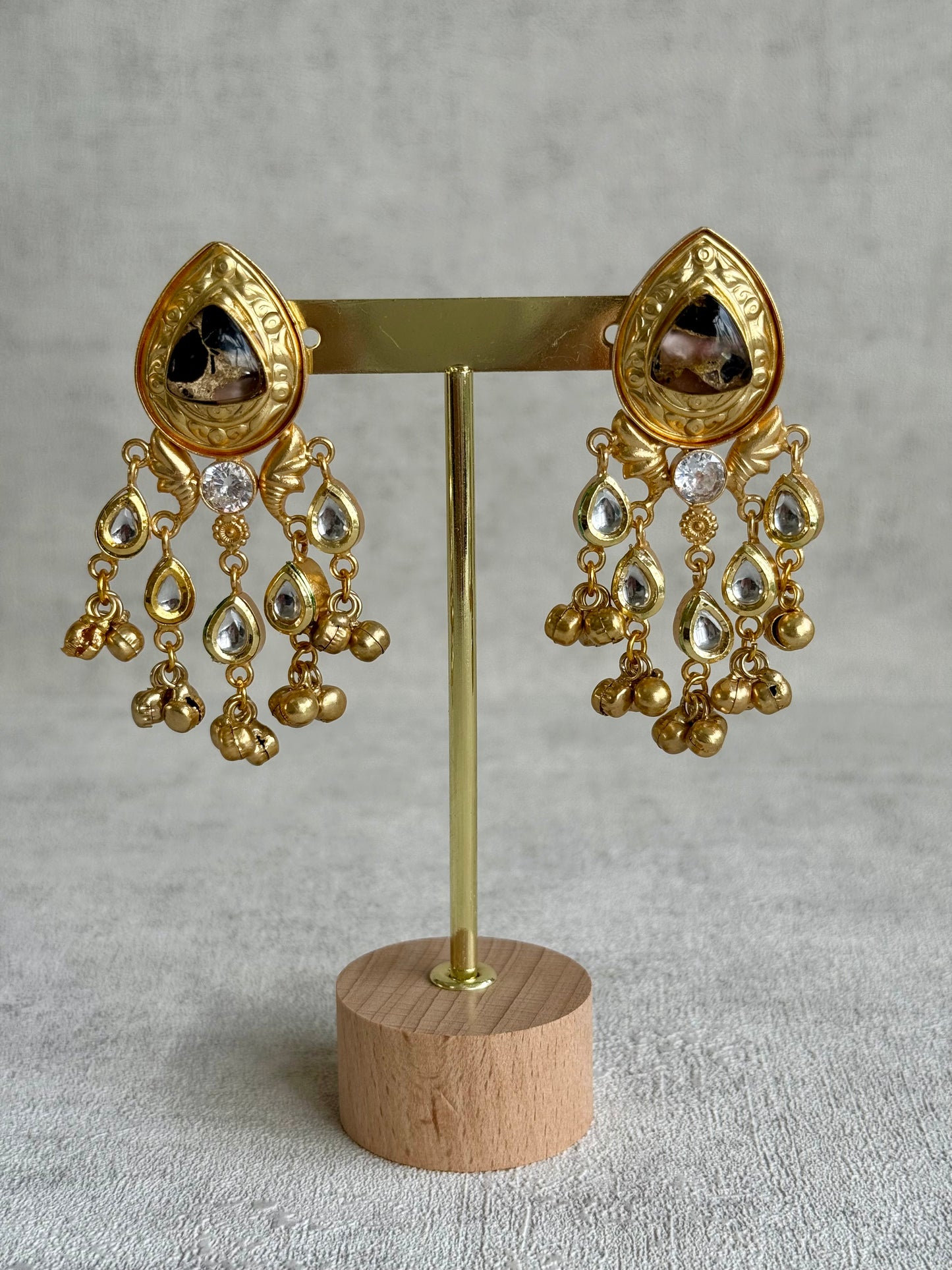 Ayura Designs Arheer Earrings – Onyx & Bronze Marble with Kundan Detailing & Antique Gold Ghungroos