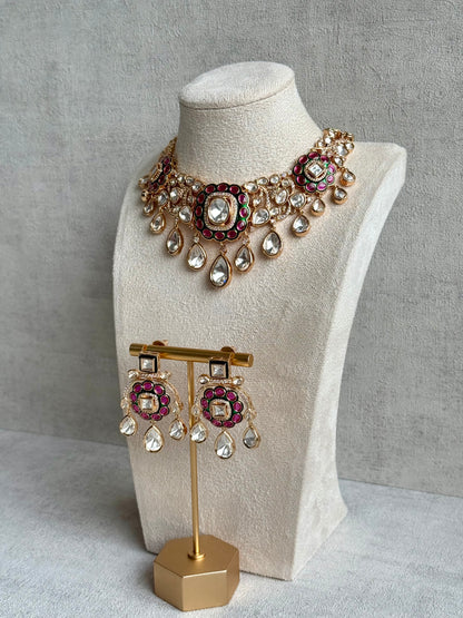 Ayura Designs Ishika Set – Kundan Necklace with Pink & Green Meenakari and Teardrop Crystals
