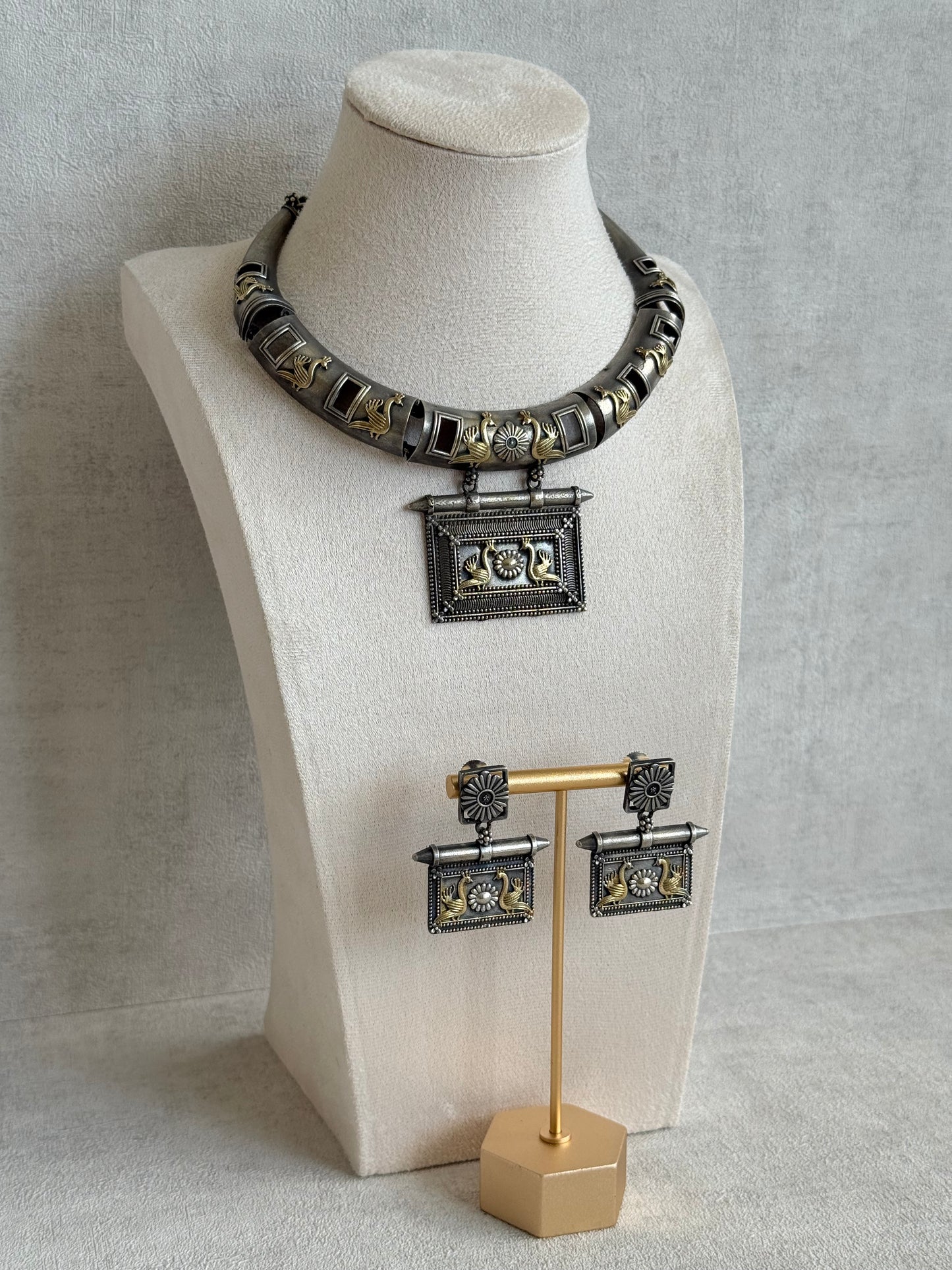 Ayura Designs Naina Necklace Set with Earrings – Dual Tone Oxidised Necklace with Bird Motifs, Black Stone Detailing & Statement Pendant