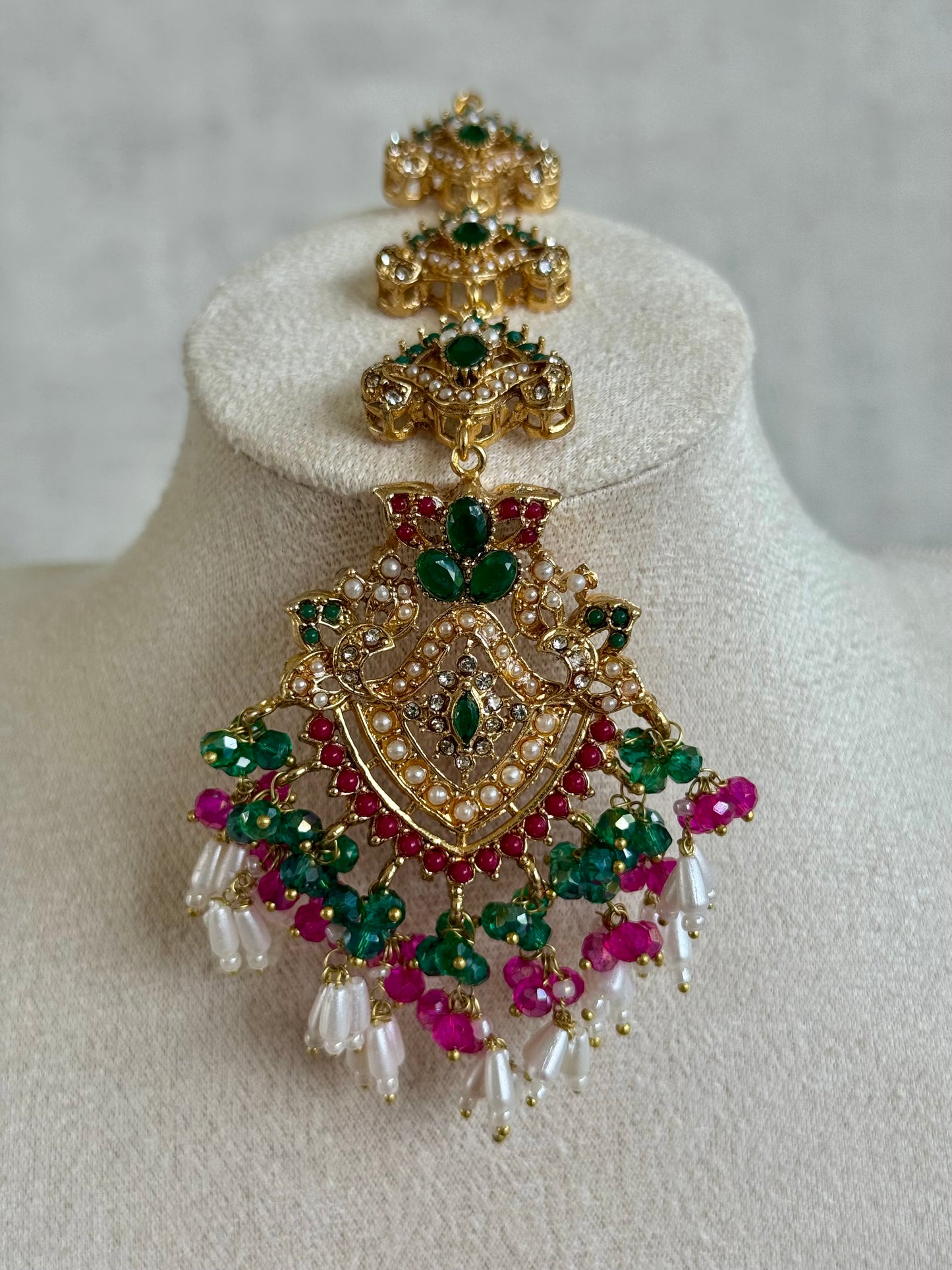Ayura Designs Safia Tikka Set with Sahare Earrings – Multicolour (Emerald Green, Hot Pink & Ivory Beads)