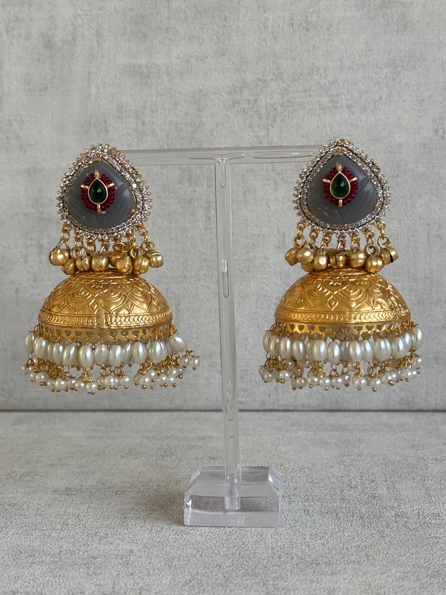Ayura Designs Ziva Jhumkis – Handcrafted in Antique-Finish Brass with Grey Enamel Studs, Green Stone Detail & Pearl Clusters