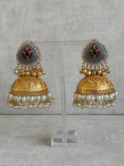 Ayura Designs Ziva Jhumkis – Handcrafted in Antique-Finish Brass with Grey Enamel Studs, Green Stone Detail & Pearl Clusters