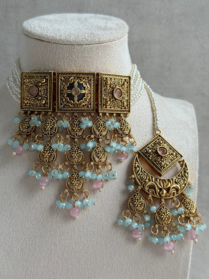 Ayura Designs Samera Choker Set with Earrings & Tikka – Aqua Blue & Blush Pink Beads, Green Centre Stone, Floral Motifs & Antique Gold Finish