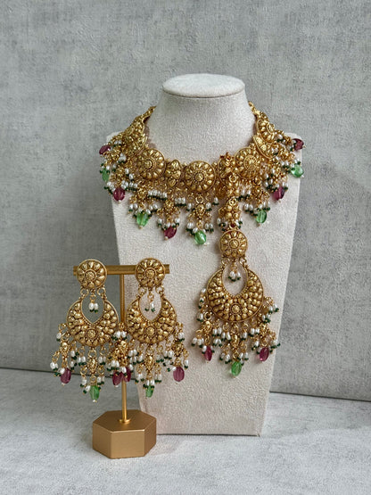 Ayura Designs Rummy Set – Opulent Gold Adornment with Radiant Pink, Green & White Beads | Includes Earrings & Tikka