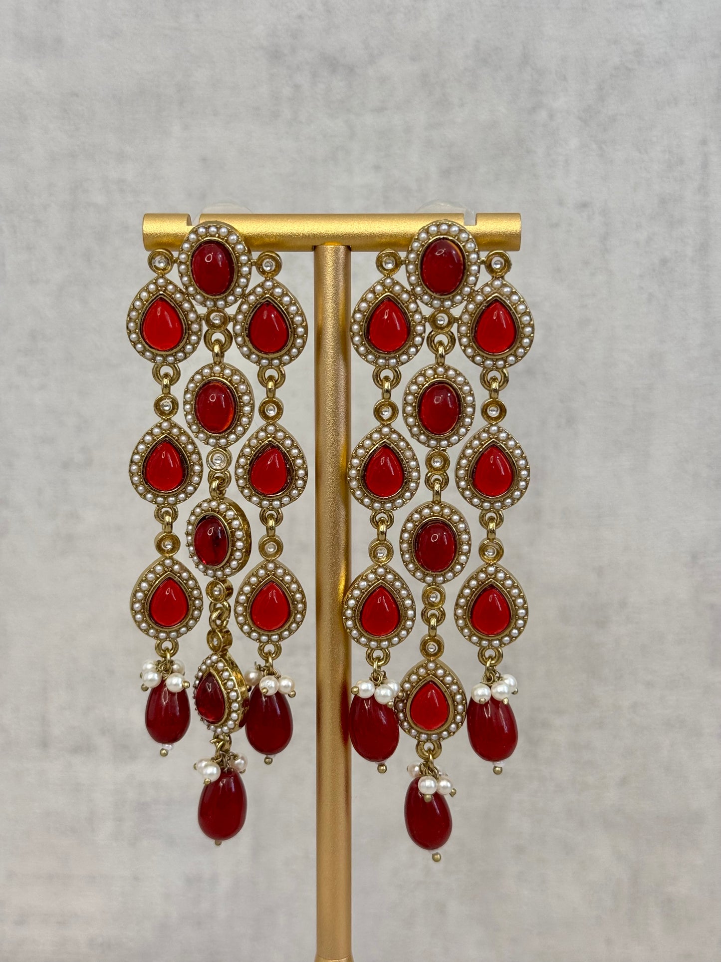 Ayura Designs Mia Earrings – Handcrafted Gold-Toned Cascading Earrings with Red Gemstones, Pearl Accents & Elegant Drop Detailing