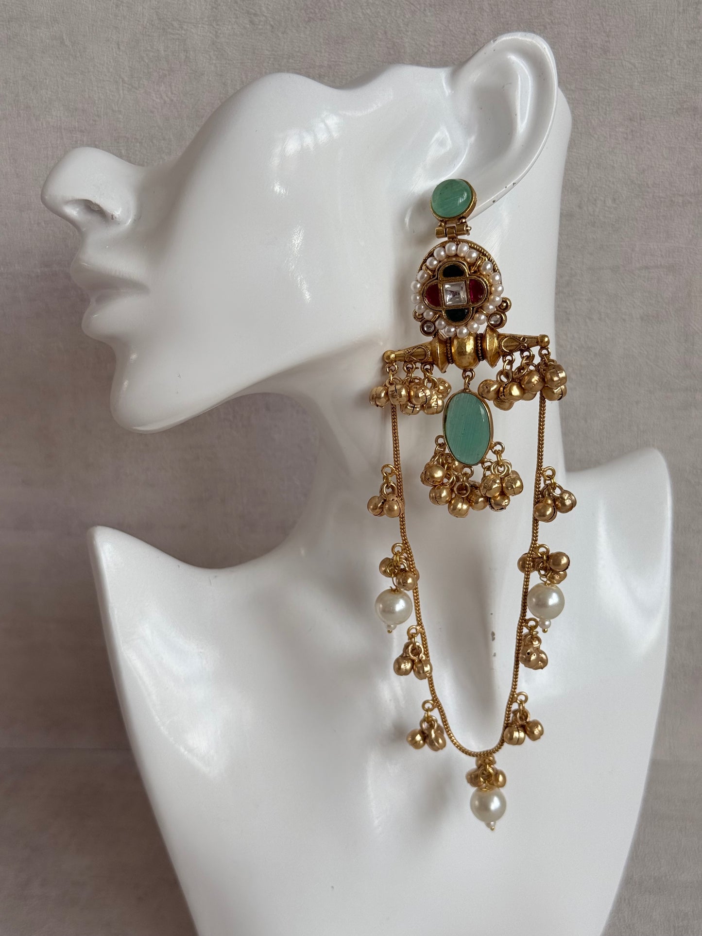 Ayura Designs Kashifa Earrings – Kashmiri Earrings with Mint Green Stone, Ghungroo Detailing & Pearl Drops