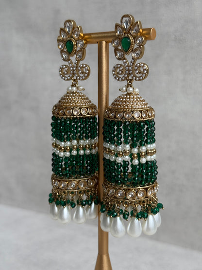 Ayura Designs Sage Earrings – Statement Jhumkis with Mirror-Cut Stones, Pearl Drops & Emerald Green Beads