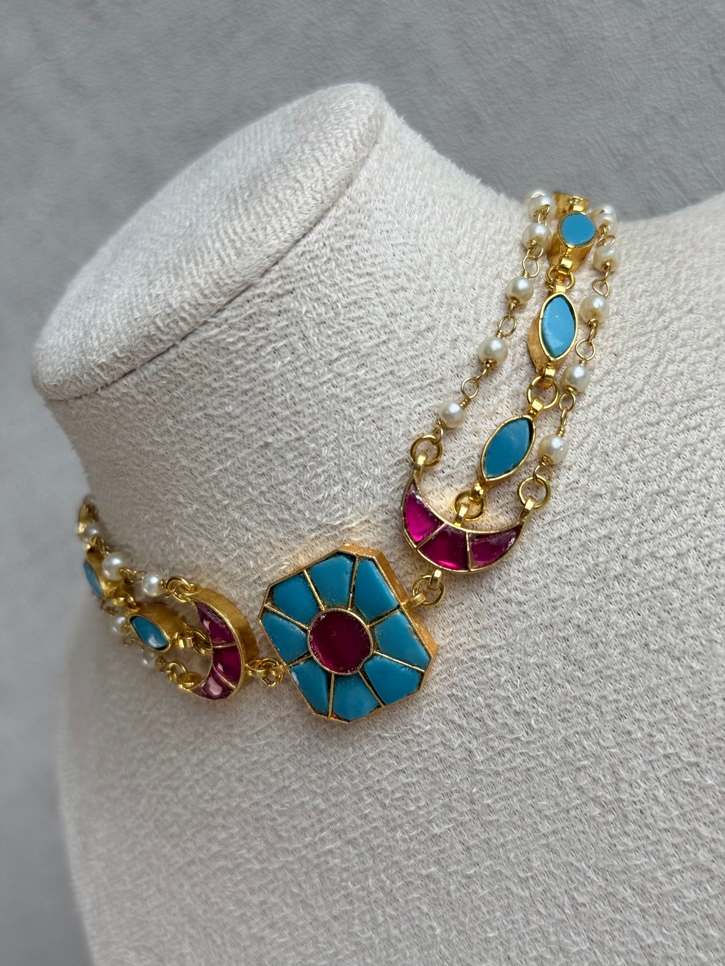 Ayura Designs Mahi Choker Set with Earrings – Meenakari Kundan Turquoise Blue & Hot Pink Detailing