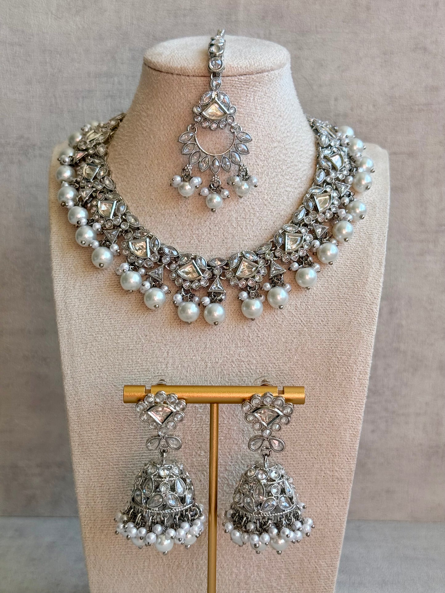 Ayura Designs Fozia Set with Necklace, Jhumkis & Tikka – Mirror-Cut Stones & Pearl Detailing in Silver Finish
