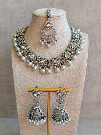 Ayura Designs Fozia Set with Necklace, Jhumkis & Tikka – Mirror-Cut Stones & Pearl Detailing in Silver Finish