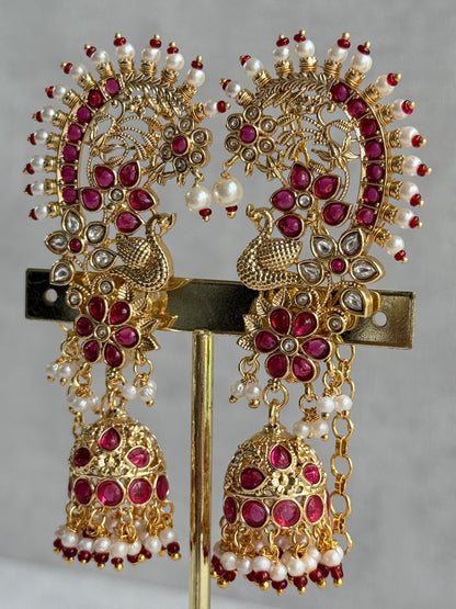 Ayura Designs Nitya Kaanphool Jhumkis – Gold Peacock Motifs, Pink Kundan & Pearl Drops with Attached Sahare
