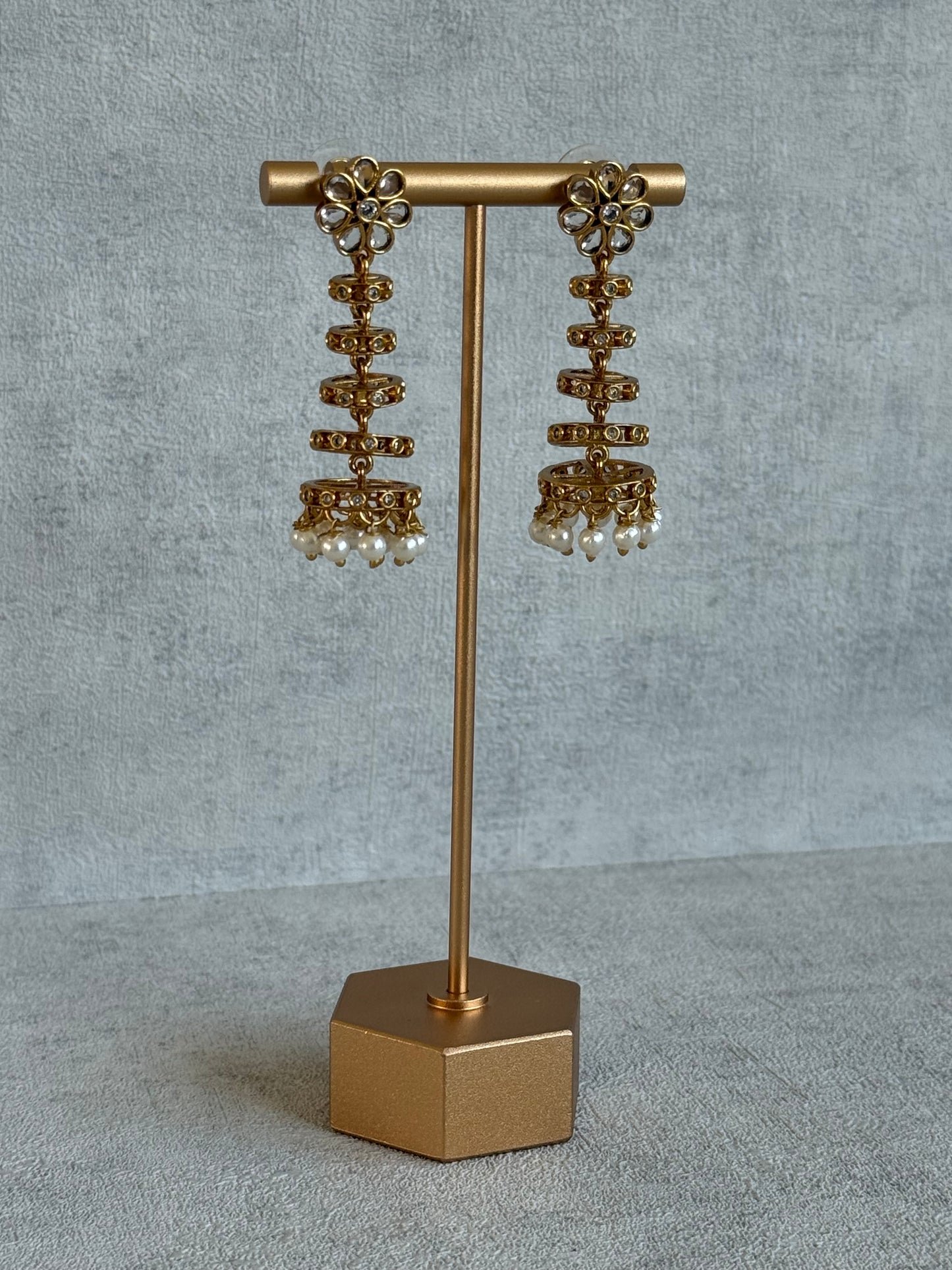 Ayura Designs Adira Jhumkis – Gold Floral Jhumkis with Layered Crystal Rings & Pearl Drops