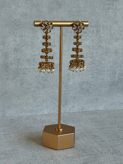 Ayura Designs Adira Jhumkis – Gold Floral Jhumkis with Layered Crystal Rings & Pearl Drops