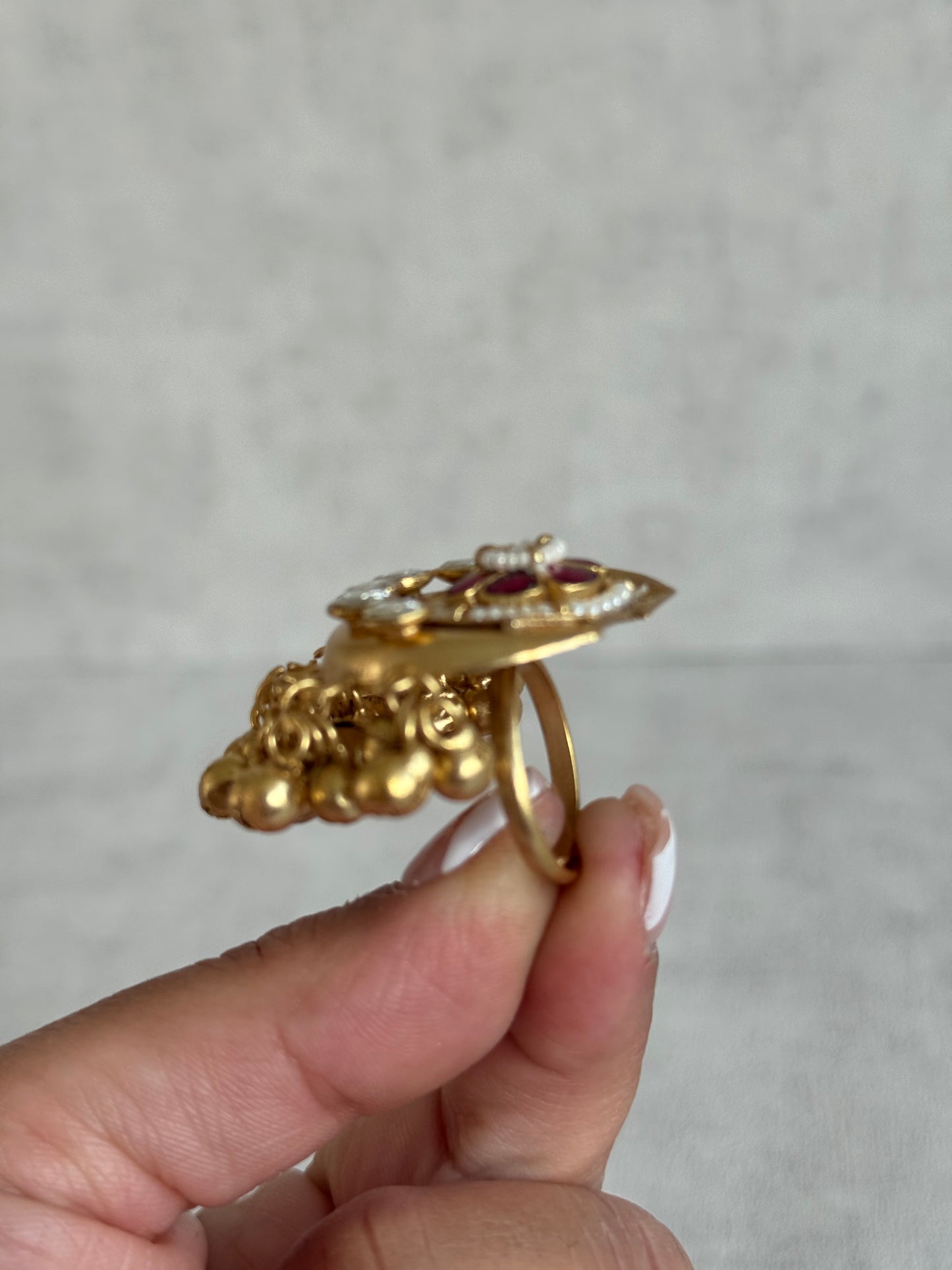 Ayura Designs Sochi Ring – Adjustable Antique Gold Ring with Hot Pink Meenakari, Mirror-Cut Stones & Ghungroo Detailing