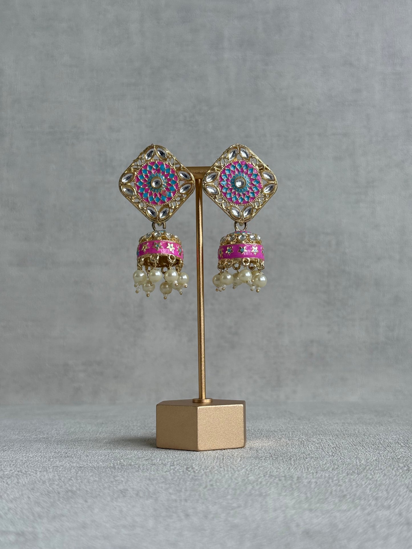 Ayura Designs Rangoli Jhumkis – Aqua Blue & Hot Pink Meenakari with Pearl Drops in Antique Gold Finish