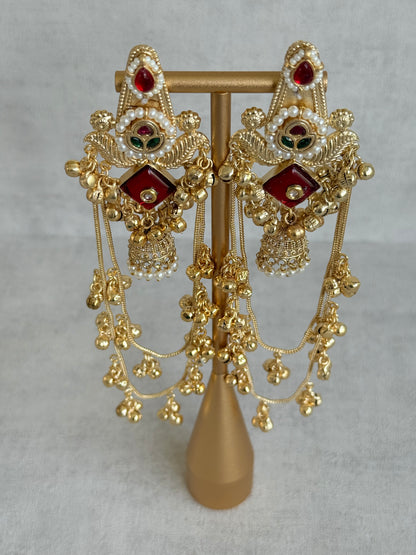 Ayura Designs Simal Earrings – Kashmiri Earrings with Red Stone, Multicoloured Detailing, Layered Ghungroo Chains & Jhumkis