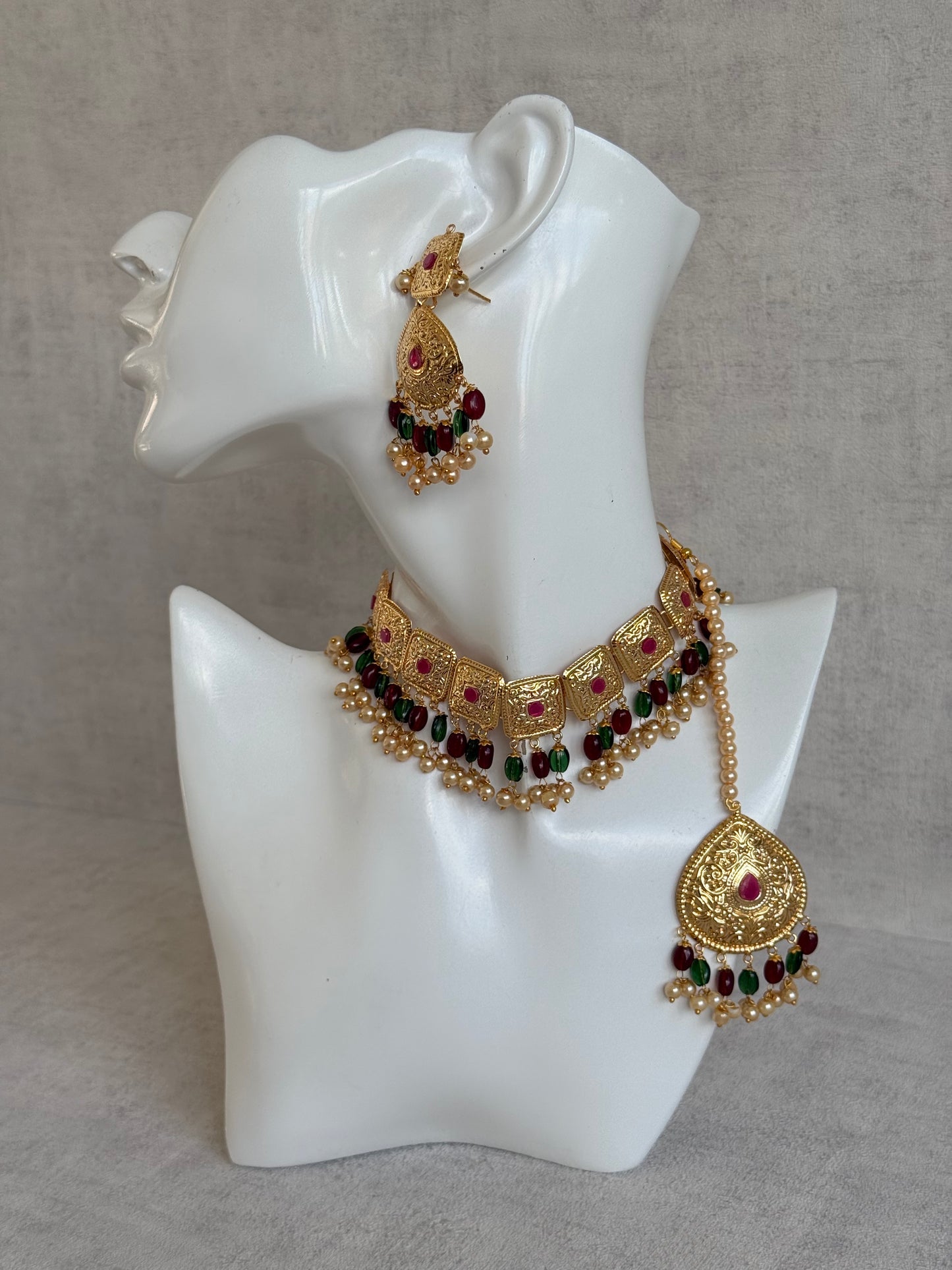 Ayura Designs Chetna Choker Set with Earrings & Tikka – Maroon & Emerald Green Beads, Cream Pearl Drops with Pipal Patti Detailing
