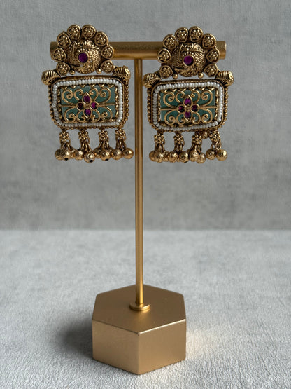 Ayura Designs Uma Set – Antique Gold Necklace & Earrings with Mint Green Enamel, Ruby Meenakari & Pearl Detailing