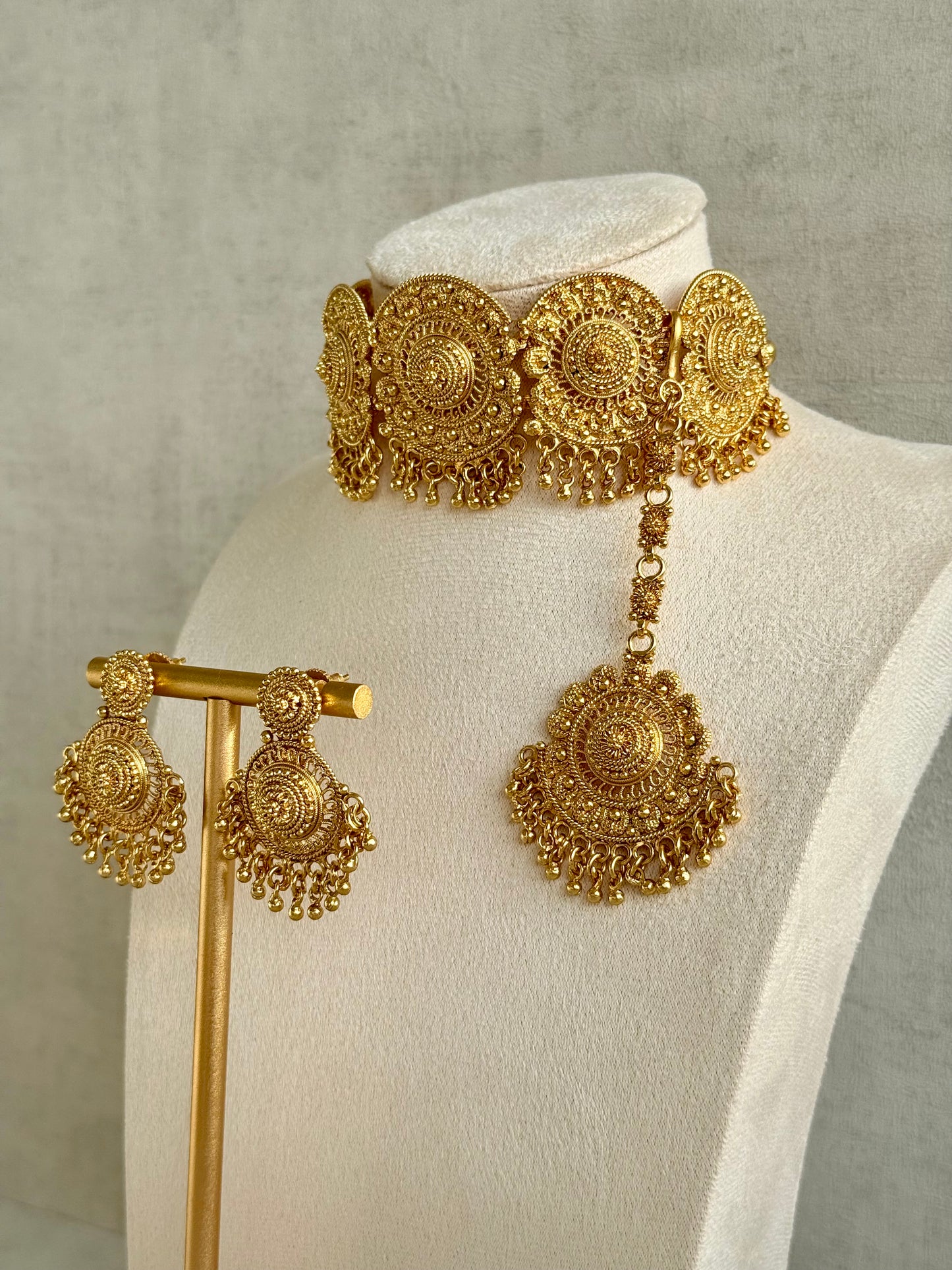 Ayura Designs Rami Choker Set with Earrings & Tikka – Antique Gold Medallions with Ghungroo Drops