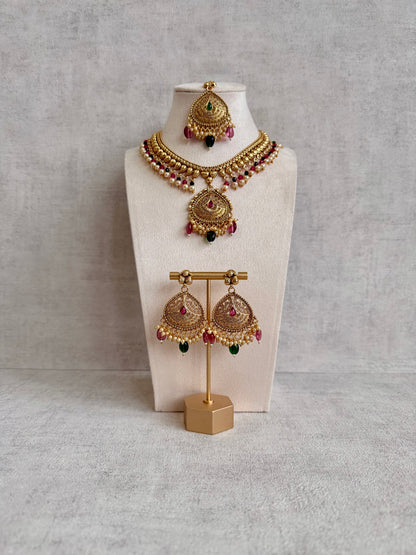Ayura Designs Hamida Set with Necklace, Earrings & Tikka – Antique Gold with Ruby Pink and Emerald Green Beads & Pearl Detailing