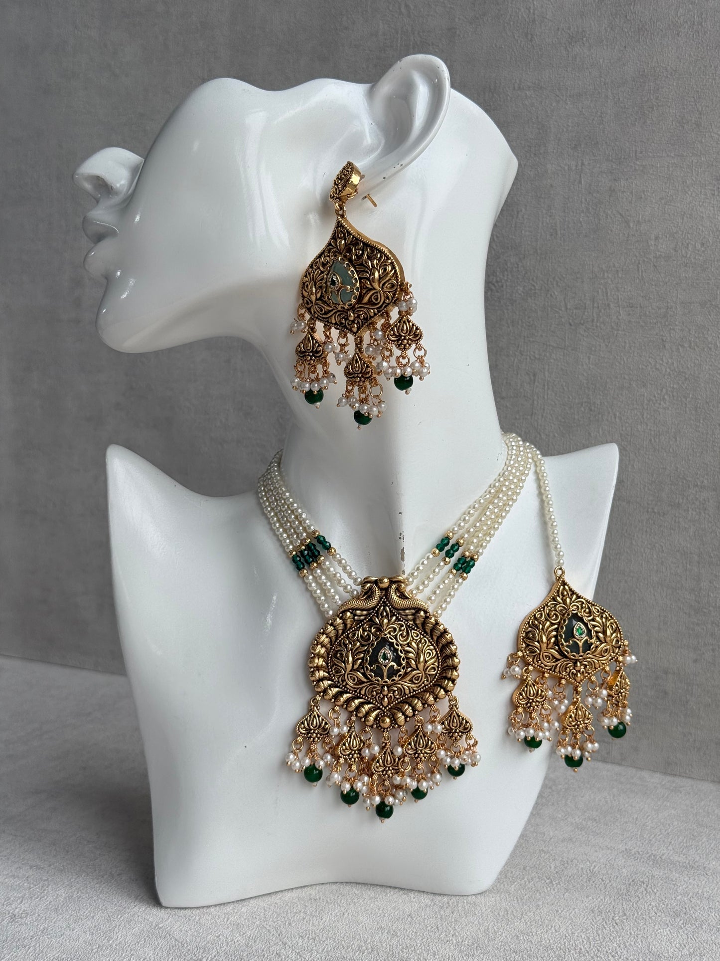 Ayura Designs Afia Necklace Set with Earrings & Tikka – Antique Gold, Emerald Green Beads, Green Centre Stone & Peacock Motifs