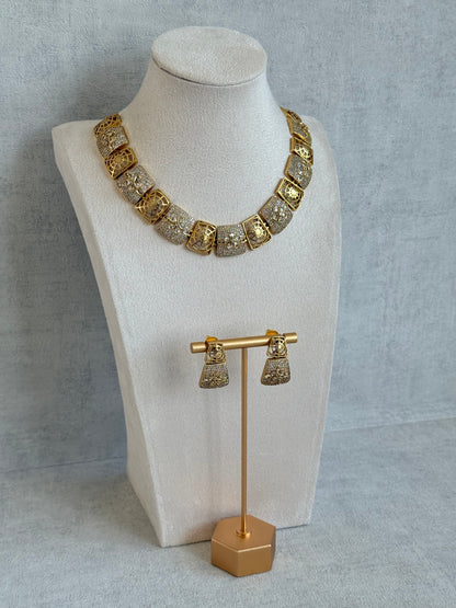 Ayura Designs Vibha Necklace & Stud Earrings Set – Gold Floral Statement Design with Crystal Detailing
