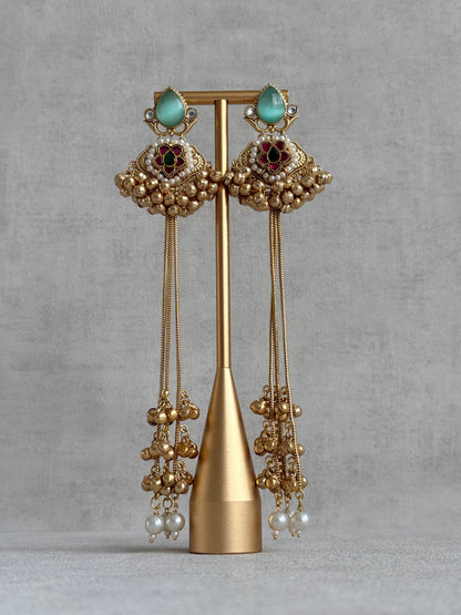Ayura Designs Nishat Earrings – Kashmiri Duster Earrings with Mint Green Stones, Pearl Drops & Ghungroo Detailing