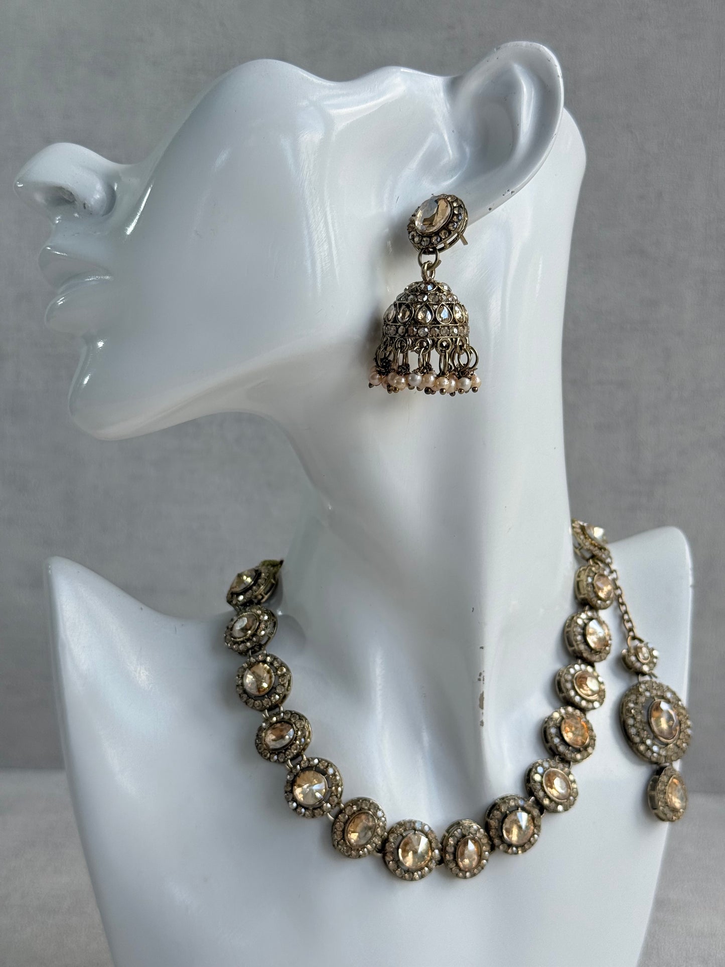 Ayura Designs Eira Necklace Set with Earrings & Tikka – Champagne Gold Crystal Stones with Antique Gold Finish
