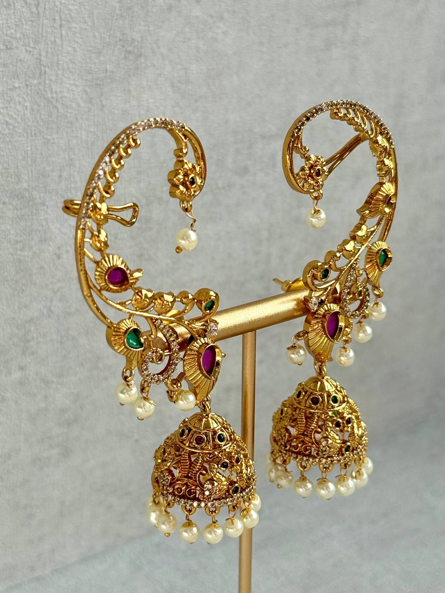 Ayura Designs Nalini Jhumkis – Gold Half Ear Cuffs with Multicolour Stone Accents, Crystal Detailing & Pearl Jhumka Drops