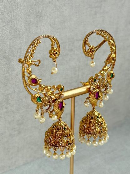 Ayura Designs Nalini Jhumkis – Gold Half Ear Cuffs with Multicolour Stone Accents, Crystal Detailing & Pearl Jhumka Drops
