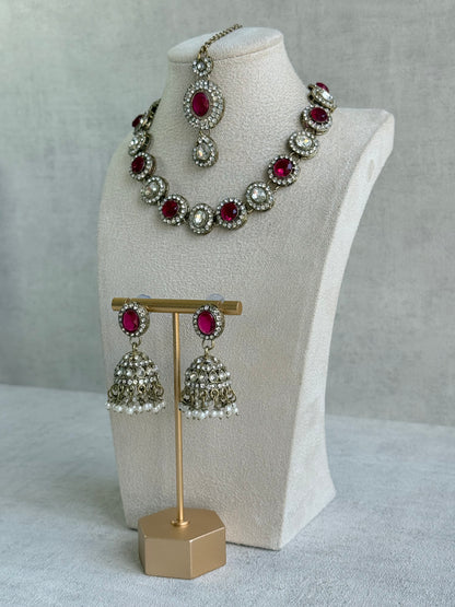 Ayura Designs Eira Necklace Set with Earrings & Tikka – Rani Pink & Crystal Stones with Antique Gold Finish