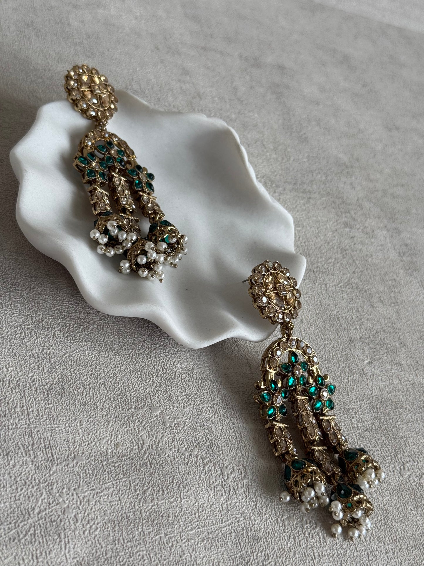 Ayura Designs Soraya Earrings – Emerald Green Stones, Champagne Crystals, Pearl Detailing & Gold Finish