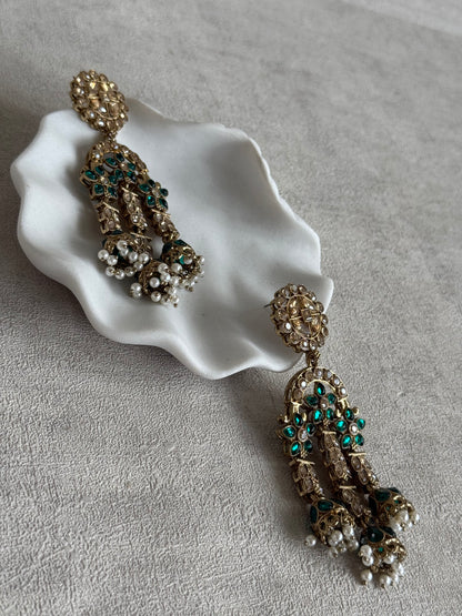 Ayura Designs Soraya Earrings – Emerald Green Stones, Champagne Crystals, Pearl Detailing & Gold Finish