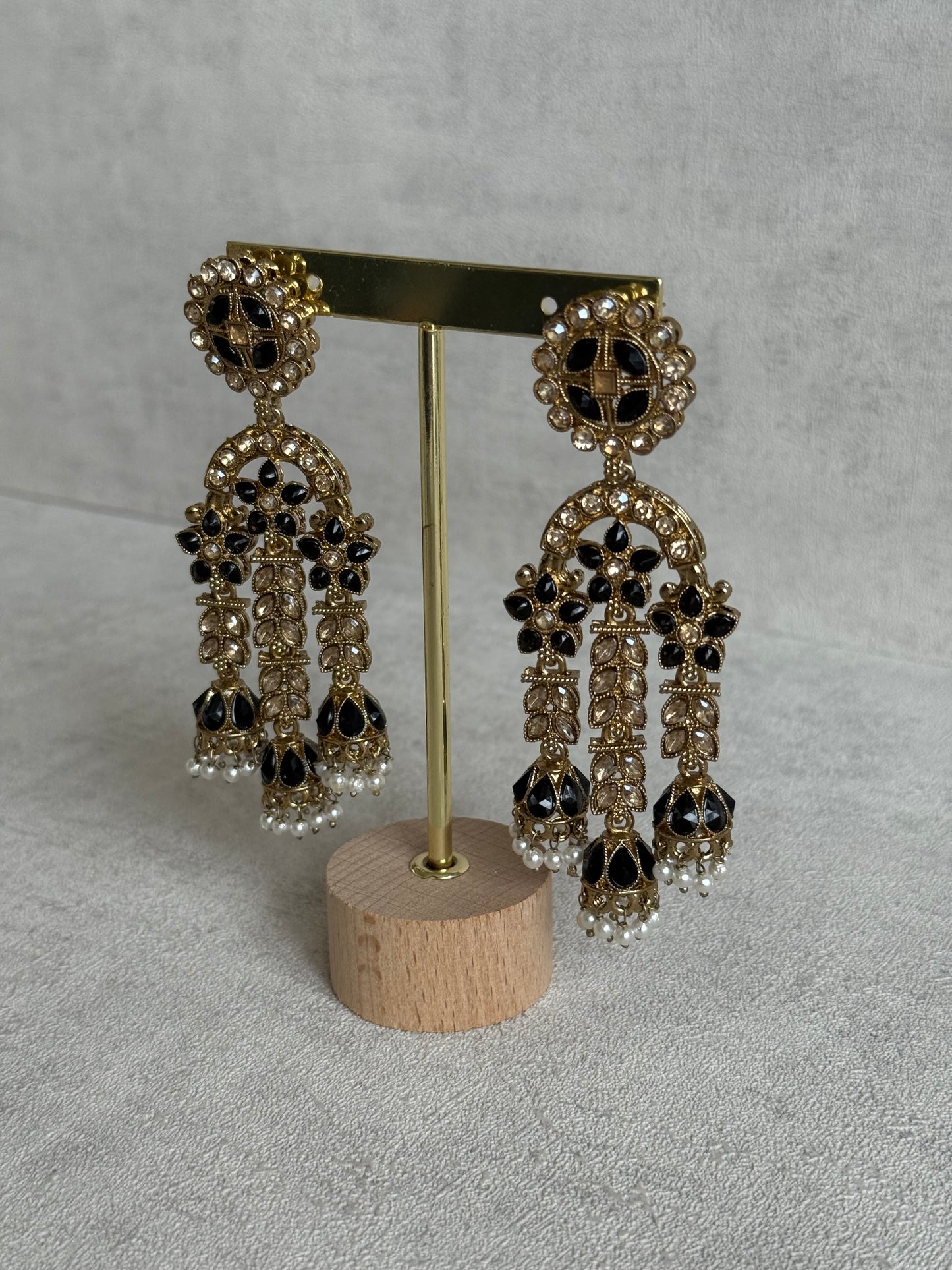 Ayura Designs Soraya Earrings – Black Stones, Champagne Crystals, Pearl Detailing & Gold Finish