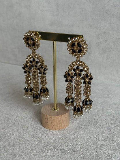 Ayura Designs Soraya Earrings – Black Stones, Champagne Crystals, Pearl Detailing & Gold Finish
