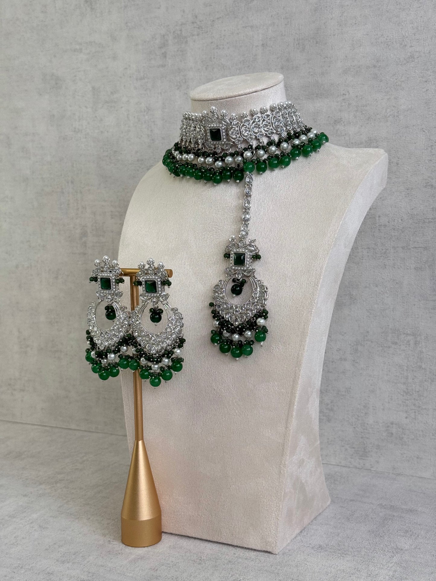 Ayura Designs Sarwat Choker Set – Emerald Green Stones, Ivory Pearl Drops & Antique Silver Finish