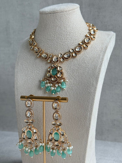Ayura Designs Edina Necklace Set with Earrings – Kundan, Mint Green Stones & Pearl Detailing