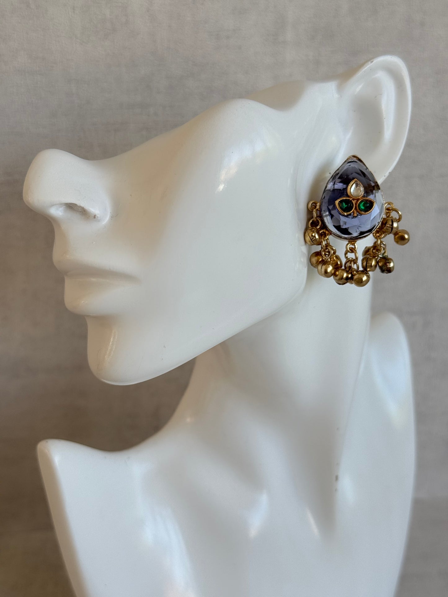 Ayura Designs Aykai Earrings – Smoky Blue Teardrop Stud Earrings with Green Kundan Stones & Gold Ghungroo Drops
