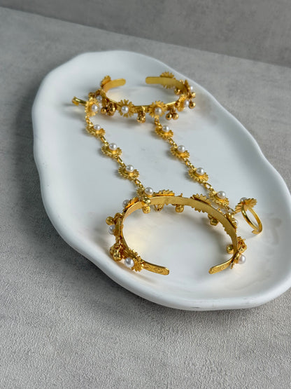 Ayura Designs Avanti Haathphool Set of 2 – Gold Finish Floral Hand Harness with Ivory Pearls & Ghungroo Detailing