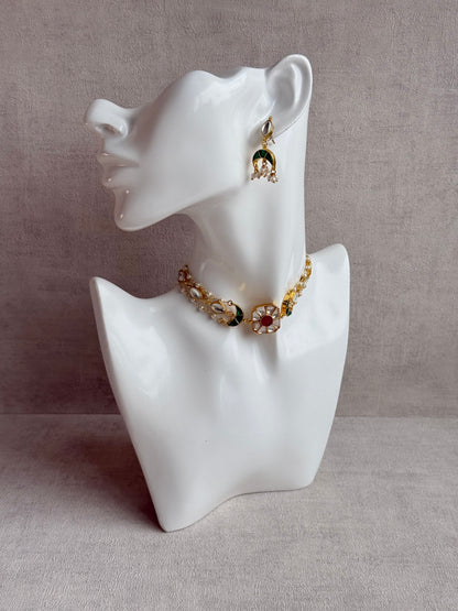 Ayura Designs Mahi Choker Set with Earrings – Meenakari Kundan Green & Pink Detailing