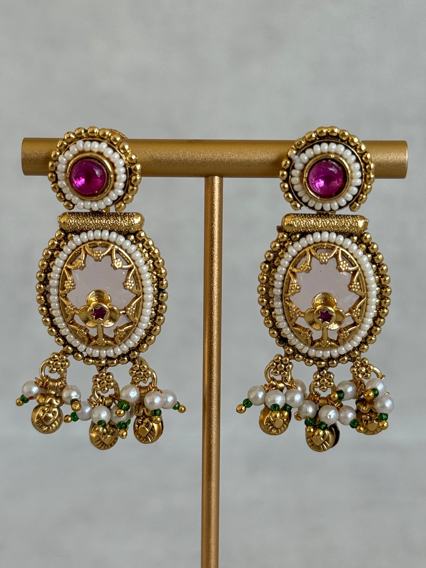 Ayura Designs Enjal Earrings – Blush Pink Enamel, Pearl Beading, Pink Stone & Gold Finish