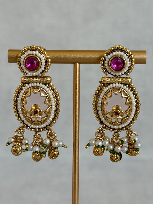 Ayura Designs Enjal Earrings – Blush Pink Enamel, Pearl Beading, Pink Stone & Gold Finish